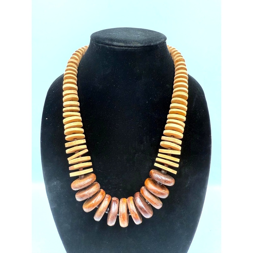 Vintage Chunky Wood Bead Necklace Bohemian Two Tone Brown‎ Tan Disc Graduated